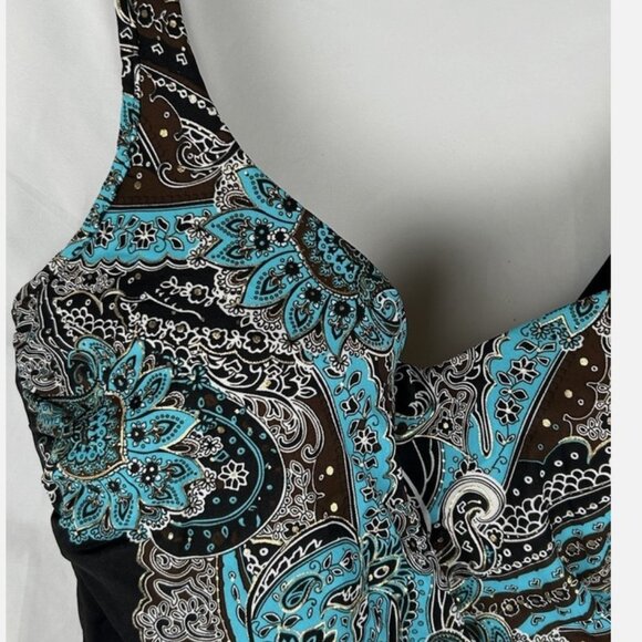 Miraclesuit Turquoise Black Paisley Floral Swimsuit 12 Underwire Tummy Control - Picture 2 of 6
